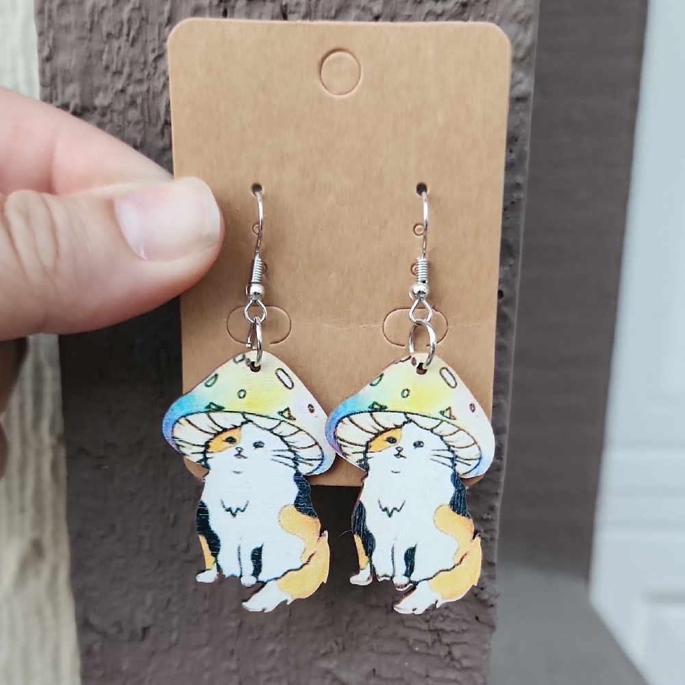 Whimsical Cat and Mushroom Earrings